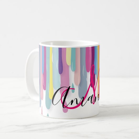 Bunte Farbe, die abstraktes Monogramm tropft Kaffeetasse (Vorderseite Links)