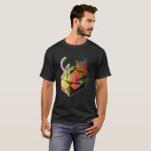 Bunte Farbspritzer-Pappkarton-spielende Katze T-Shirt (Vorne ganz)