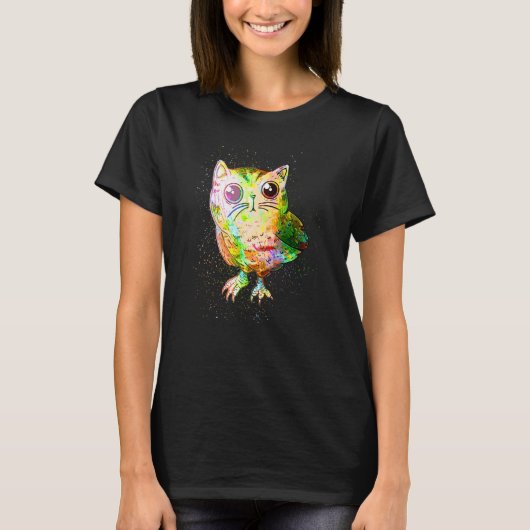 Bunte Farbspritzer Surreal Katze Eule T-Shirt (Vorderseite)