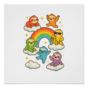 Bunte Faultiere mit einem Regenbogen Kawaii Faulti Poster