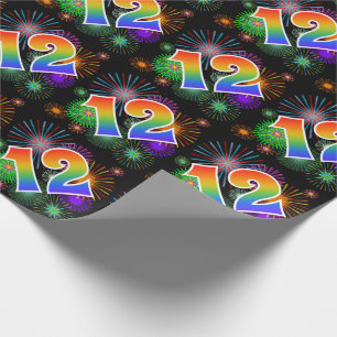 Bunte Feuerwerke + Regenbogen-Muster "12" Event # Geschenkpapier