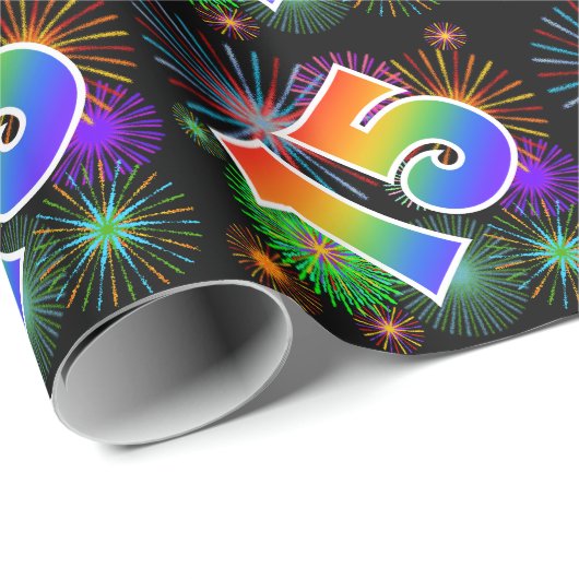 Bunte Feuerwerke + Regenbogen-Muster "15" Ereignis Geschenkpapier (Rolleneckpunkt)