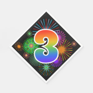 Bunte Feuerwerke + Regenbogen-Muster "3" Ereignis Serviette