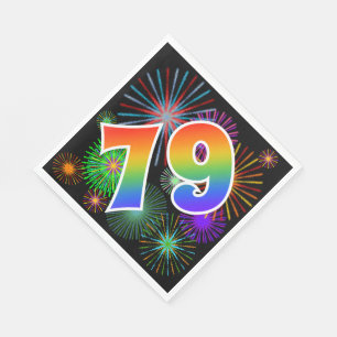 Bunte Feuerwerke + Regenbogen-Muster "79" Ereignis Serviette