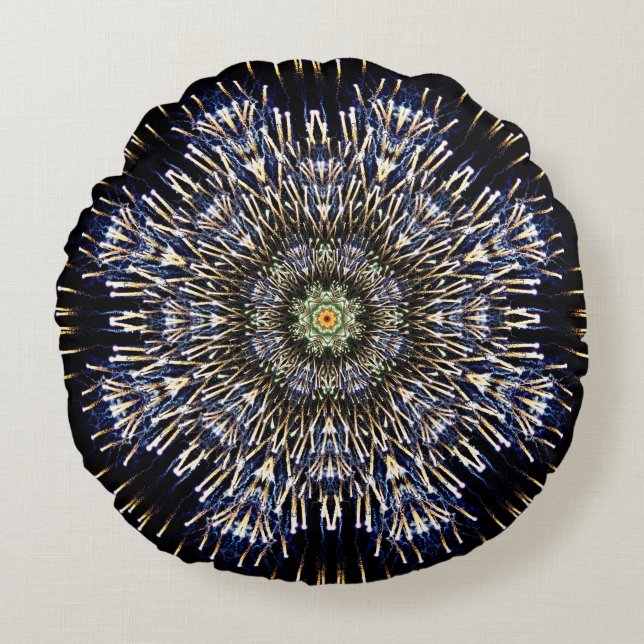 Bunte Feuerwerks-Mandala Rundes Kissen (Vorderseite)
