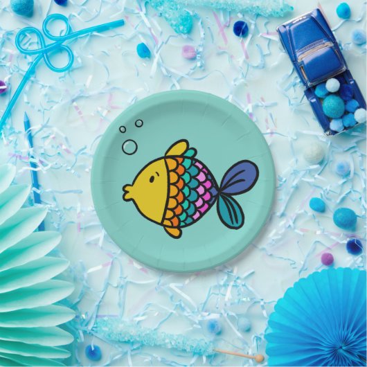 Bunte Fischplatte mit blauem Hintergrund Pappteller (Party)
