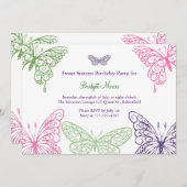 Bunte flatternde Schmetterlinge 16. Geburtstag Einladung (Vorne/Hinten)