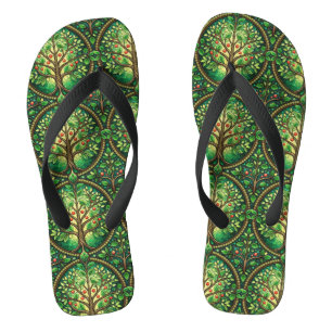 Bunte Flip-Flops mit grünen, blattähnlichen Muster Badesandalen