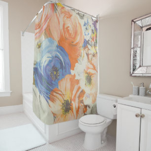 Bunte Florale Blaue Orange Beige Duschvorhang