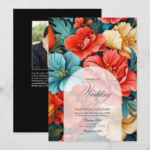 Bunte Florale Fiesta Hochzeitsfoto und QR-Code Einladung