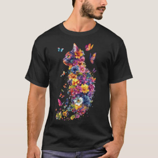 Bunte florale Katze – Wasserfarben-Schmetterlings- T-Shirt