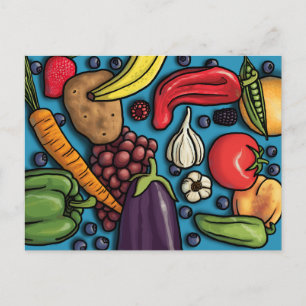 Bunte Früchte und Gemüse auf der blauen Postkarte