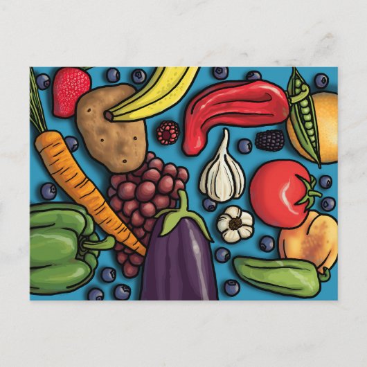 Bunte Früchte und Gemüse auf der blauen Postkarte (Vorderseite)