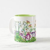 Bunte Frühlings-Blumen-Tasse durch Leslie Clair Zweifarbige Tasse (Vorderseite Links)