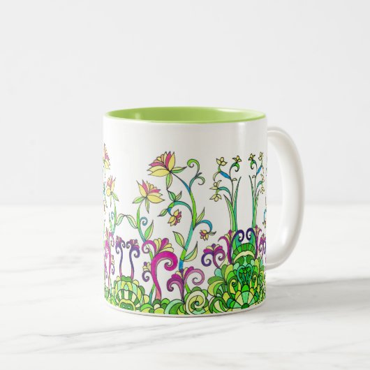 Bunte Frühlings-Blumen-Tasse durch Leslie Clair Zweifarbige Tasse (VorderseiteRechts)