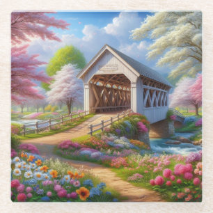 Bunte Frühlings-/blumengeschmückte Brücke & Fluss Glasuntersetzer
