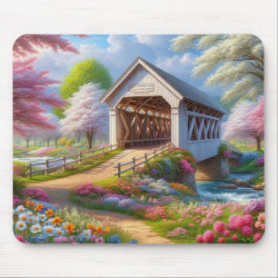 Bunte Frühlings-/blumengeschmückte Brücke & Fluss Mousepad