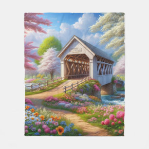 Bunte Frühlings-/blumengeschmückte Brücke und Flus Fleecedecke