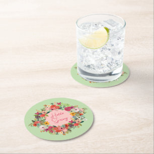 Bunte Frühlingsblumen Hallo Frühling personalisier Runder Pappuntersetzer