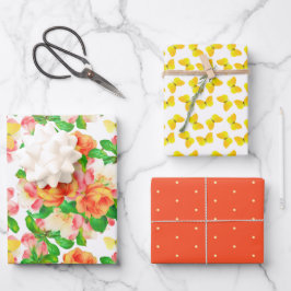 Bunte Frühlingsblumen und Schmetterlinge versammel Geschenkpapier Set