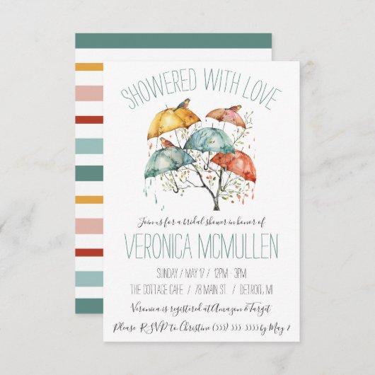Bunte Frühlingsvögel und Umbrellas-Brautparty Einladung (Vorne/Hinten)