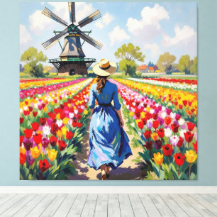 Bunte Frühlingswiese mit Windmühle Leinwanddruck