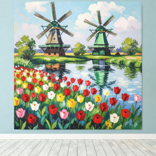 Bunte Frühlingswiese mit Windmühle Leinwanddruck