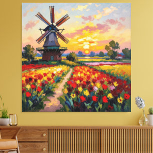 Bunte Frühlingswiese mit Windmühle Leinwanddruck