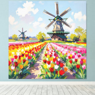 Bunte Frühlingswiese mit Windmühle Leinwanddruck