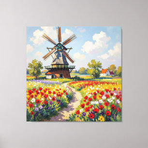 Bunte Frühlingswiese mit Windmühle Leinwanddruck