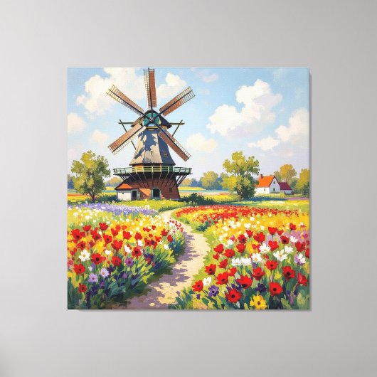 Bunte Frühlingswiese mit Windmühle Leinwanddruck (Vorderseite)