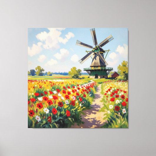 Bunte Frühlingswiese mit Windmühle Leinwanddruck (Vorderseite)