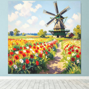 Bunte Frühlingswiese mit Windmühle Leinwanddruck