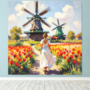 Bunte Frühlingswiese mit Windmühle Leinwanddruck