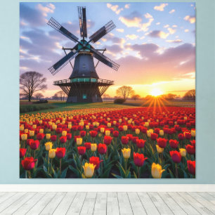 Bunte Frühlingswiese mit Windmühle Leinwanddruck