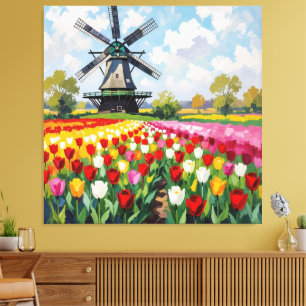 Bunte Frühlingswiese mit Windmühle Leinwanddruck