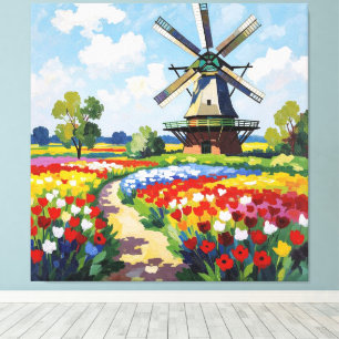 Bunte Frühlingswiese mit Windmühle Leinwanddruck