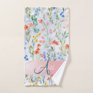 Bunte Frühlingswiesen-Blumenwiese-Monogramm-Notiz Badhandtuch Set