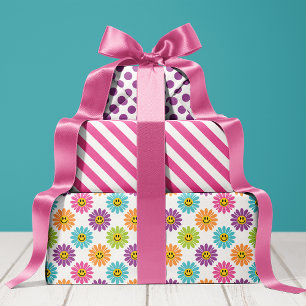 Bunte Gänseblümchen-Blumenstreifen-Punkte Geschenkpapier Set