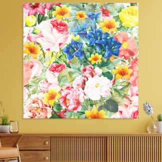 Bunte Gartenblumen - Boho Blumenkissen Leinwanddruck