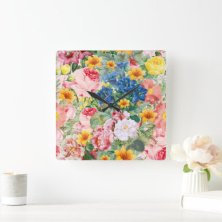 Bunte Gartenblumen - Boho Blumenkissen Quadratische Wanduhr