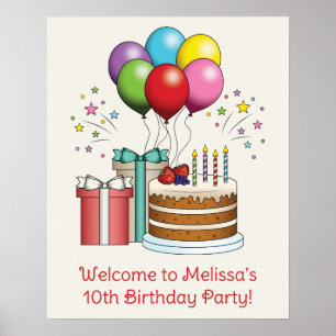 Bunte Geburtstagsballons mit Kuchen und Geschenken Poster