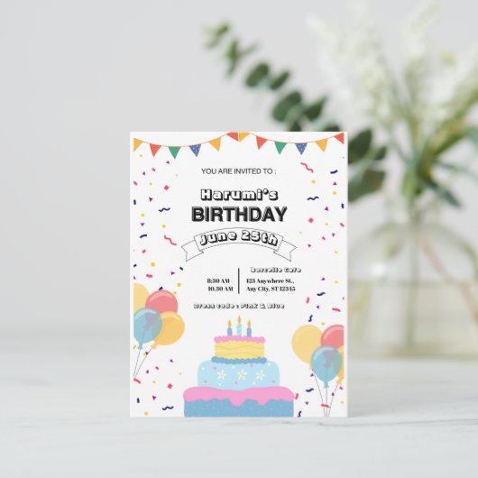 Bunte Geburtstagsparty-Einladung Postkarte (Stehend Vorderseite)