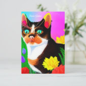Bunte gemalte Katze und Blumen Ostern  Karte (Stehend Vorderseite)