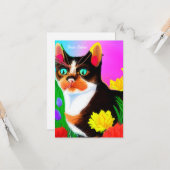 Bunte gemalte Katze und Blumen Ostern  Karte (Vorderseite/Rückseite Beispiel)