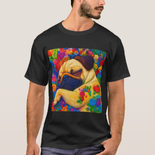 Bunte gestickte Pug-Schlafende in floraler Fantasi T-Shirt