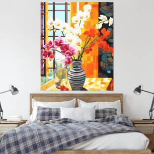 Bunte gestreifte Vase Blumiges Fenster Holztafel Leinwanddruck