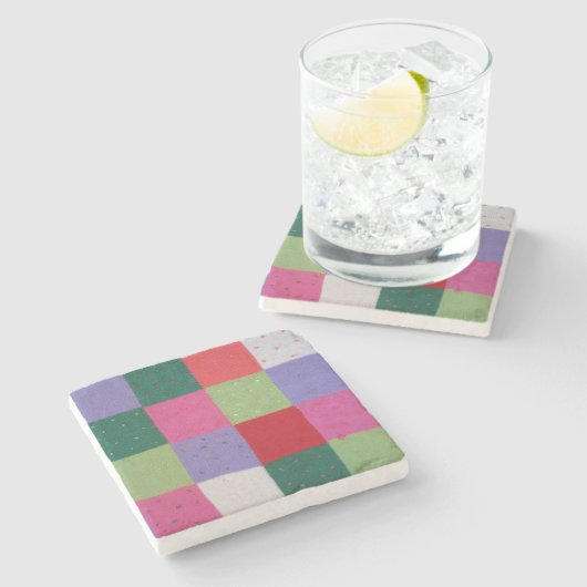 bunte gewirkte Patchwork-Quadrate Stone Untersetze Steinuntersetzer (Seitenansicht)