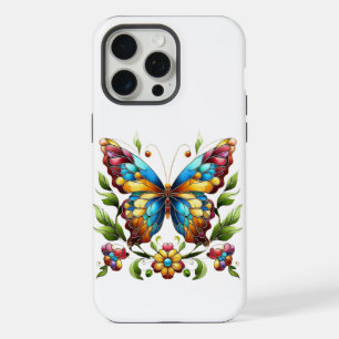 Bunte Glasmalerei Schmetterling mit Blumen iPhone 15 Pro Max Hülle