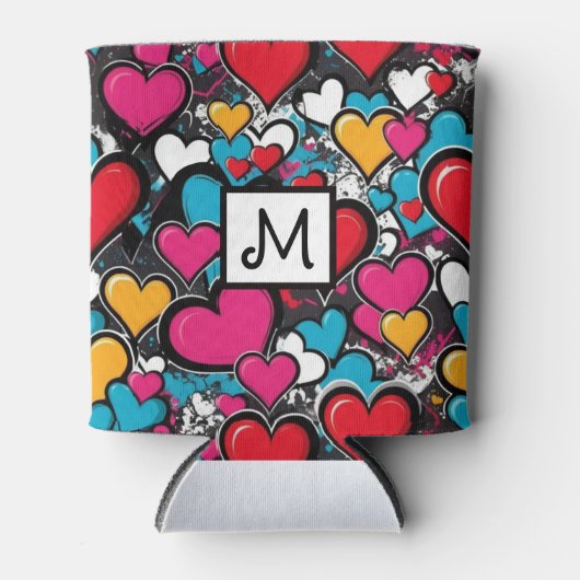 Bunte Graffiti-Herzen mit Monogramm Dosenkühler (Vorderseite)